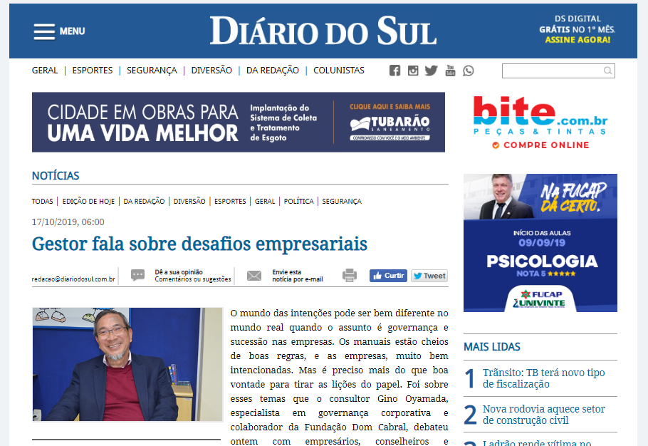 Captura de tela do jornal Diário do Sul mostra foto e entrevista de Gino Oyamada